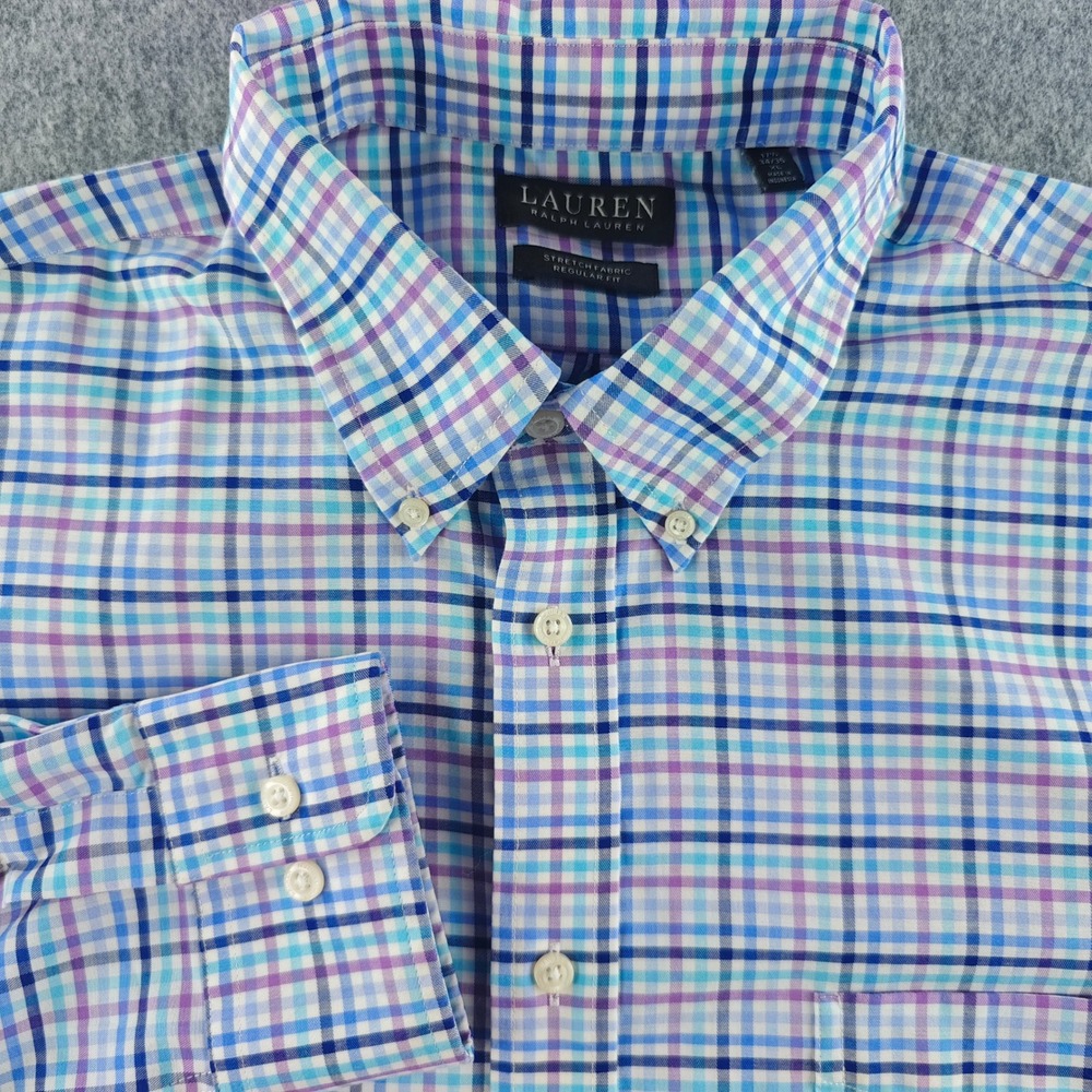 Lauren Ralph Lauren Shirt Mens XL 17.5 34/35 Blue Purple Plaid Regular Stretch